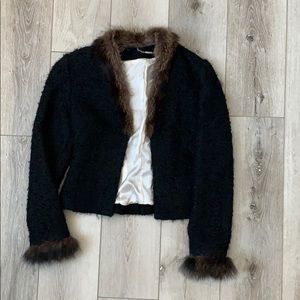 Walter Black Wool Jacket with Brown Mohair Details and Hook Closures